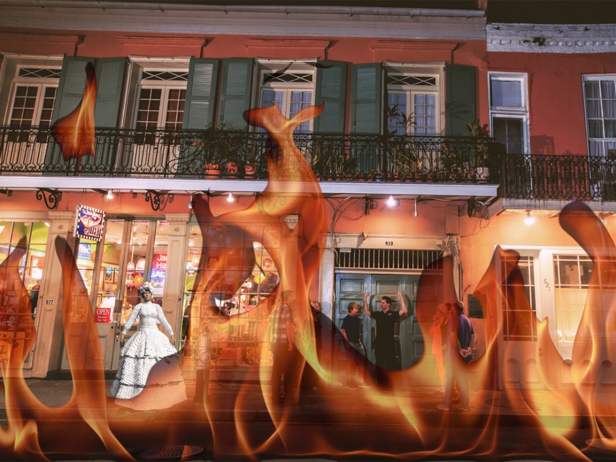 Building facade with people, overlay of flames in foreground.