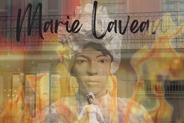 Overlay of a woman's statue, flames, text 'Marie Laveau' and a building facade.