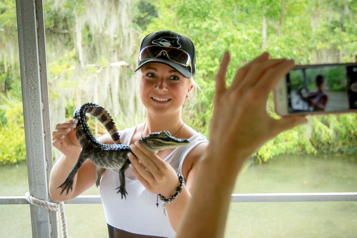 Person holding small alligator, smiling, while another takes a photo with a smartphone in a lush outdoor setting.