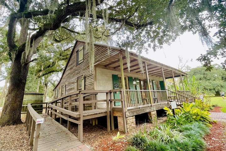 Rustic wooden cabin with a porch, surrounded by trees and greenery.