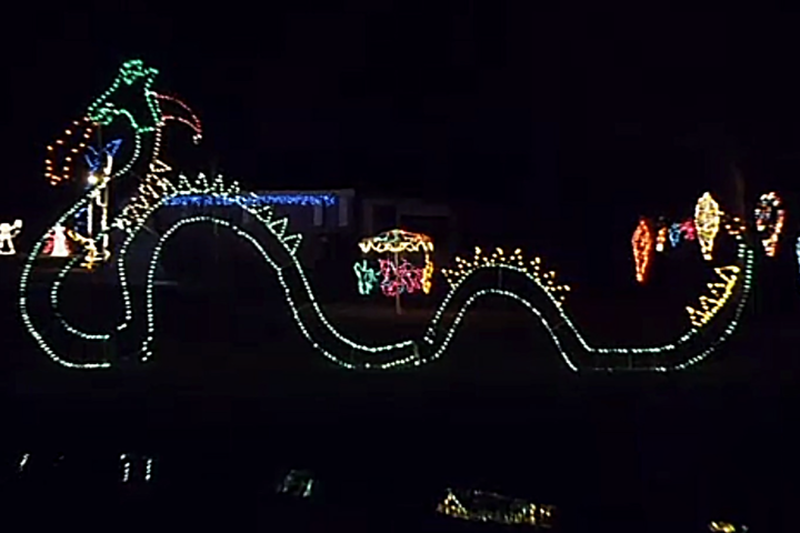 Colorful dragon made of lights in the dark with festive decorations around it.