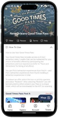 Smartphone displaying 'New Orleans Good Times Pass' app with instructions and a navigation menu.