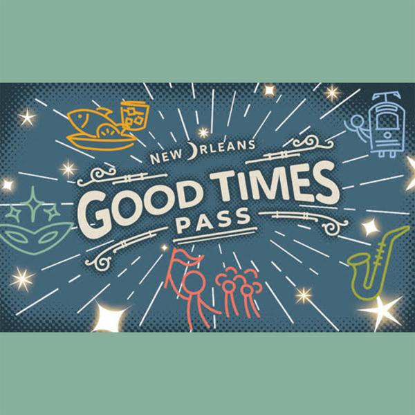 Illustrated New Orleans text with symbols: jazz, mask, trumpet, food, tram.